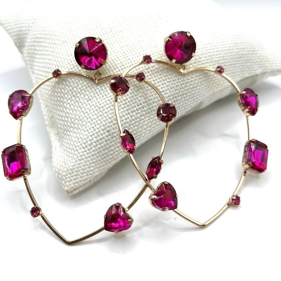 Heart-shaped Earrings Large with Pink Assorted Rhinestones Rose Gold Tone Barbie - Picture 1 of 13